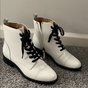 White leather black laced moto boots